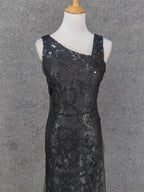 Classic Black Slim-Fit Asymmetric Neck Sequin Tulle Long Formal Prom Dresses