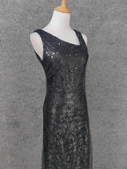 Classic Black Slim-Fit Asymmetric Neck Sequin Tulle Long Formal Prom Dresses