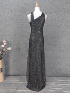 Classic Black Slim-Fit Asymmetric Neck Sequin Tulle Long Formal Prom Dresses