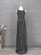 Classic Black Slim-Fit Asymmetric Neck Sequin Tulle Long Formal Prom Dresses