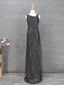 Classic Black Slim-Fit Asymmetric Neck Sequin Tulle Long Formal Prom Dresses