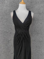 Classic Black V-Neck Sleeveless Open Back Lace Chiffon Long Formal Prom Dresses