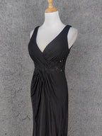 Classic Black V-Neck Sleeveless Open Back Lace Chiffon Long Formal Prom Dresses