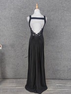 Classic Black V-Neck Sleeveless Open Back Lace Chiffon Long Formal Prom Dresses