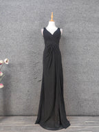 Classic Black V-Neck Sleeveless Open Back Lace Chiffon Long Formal Prom Dresses