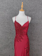 Classic Burgundy Mermaid Spaghetti Strap V-Neck Embroidered Satin Long Formal Prom Dresses