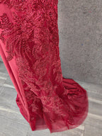 Classic Burgundy Mermaid Spaghetti Strap V-Neck Embroidered Satin Long Formal Prom Dresses