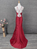 Classic Burgundy Mermaid Spaghetti Strap V-Neck Embroidered Satin Long Formal Prom Dresses