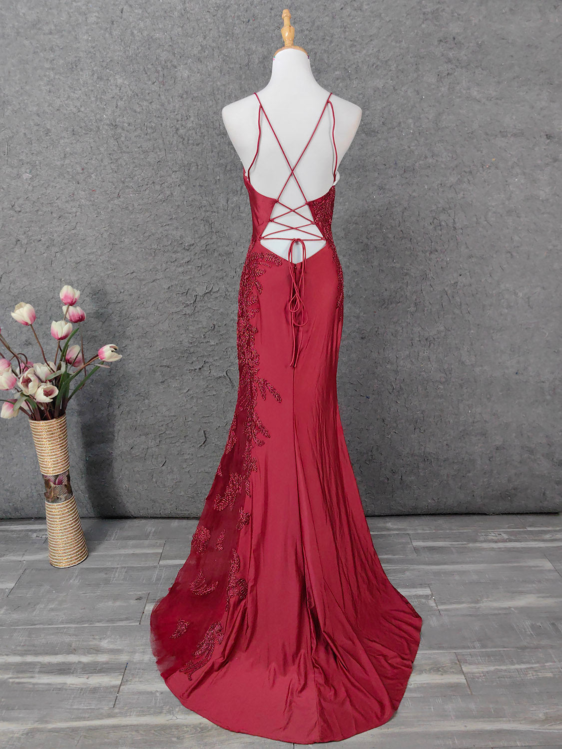 Classic Burgundy Mermaid Spaghetti Strap V-Neck Embroidered Satin Long Formal Prom Dresses