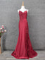 Classic Burgundy Mermaid Spaghetti Strap V-Neck Embroidered Satin Long Formal Prom Dresses