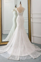 Classic Cap Sleeve Aweetheart Floral Lace Slim Mermaid Wedding Dress Lace Up Wedding Party