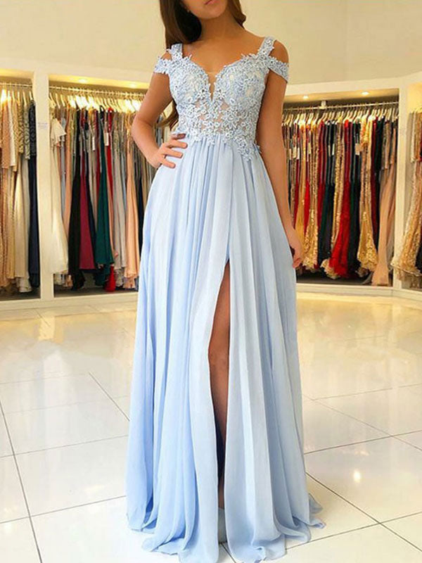 Classic Chiffon Evening Dress A Line V Neck Floor Length Split Front Party Dresses Evening Dresses Main image
