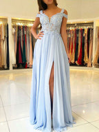 Classic Chiffon Evening Dress A Line V Neck Floor Length Split Front Party Dresses Evening Dresses