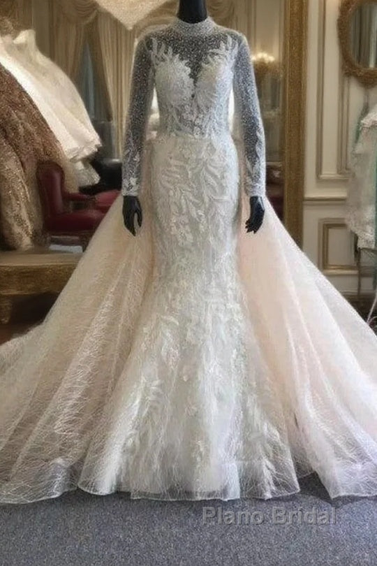 Classic Collar Long Sleeves Floral Pattern Mermaid Wedding Dress Detachable Sweep Train Main image