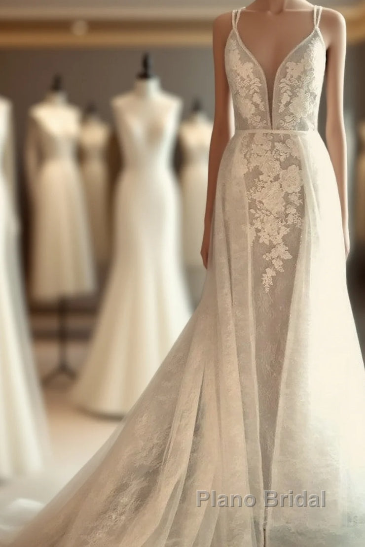 Classic Double V Neck Floral Lace Wedding Bridal Gowns Sweep Train Main image