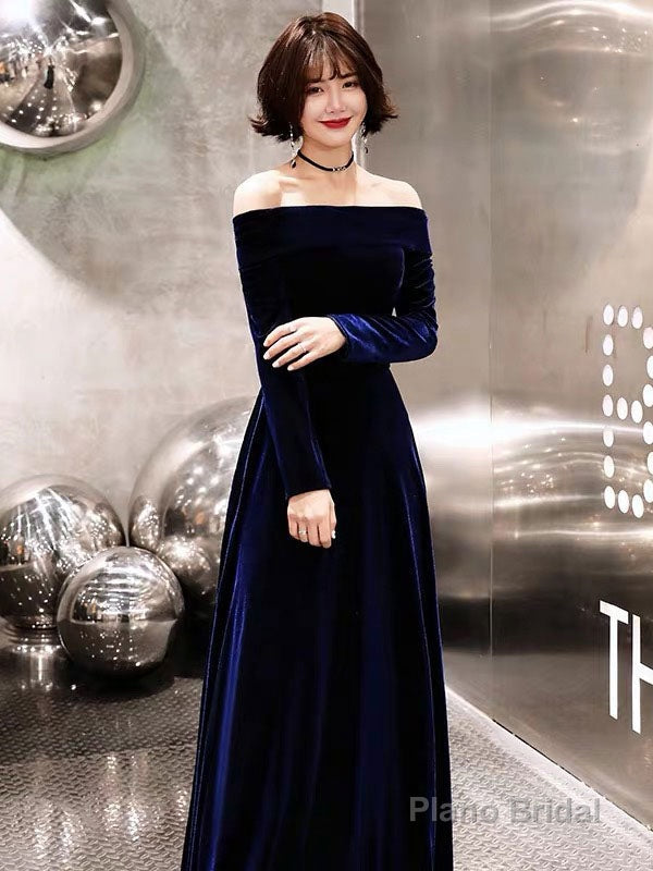 Classic Evening Dresses Velvet Long Sleeve Off Shoulder Maxi Dresses