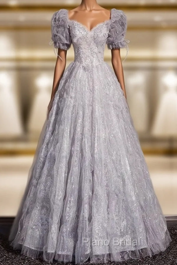 Classic Gray Tulle Sequins Short Sleeve Beading Formal Prom Dresses Main image