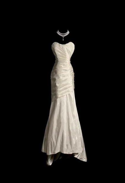 Classic Ivory Strapless Ruffled Satin Mermaid Long Formal Prom Dresses Main image