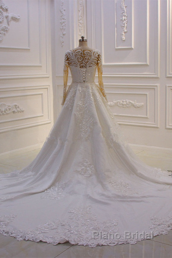 Classic Jewel Long Sleevess Tulle Lace Sparkle Ivory Wedding Dress Secondary image