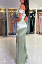 Classic Long Mermaid Gorgeous Spaghetti Straps Off-The-Shoulder Satin Prom Dress With Slit
