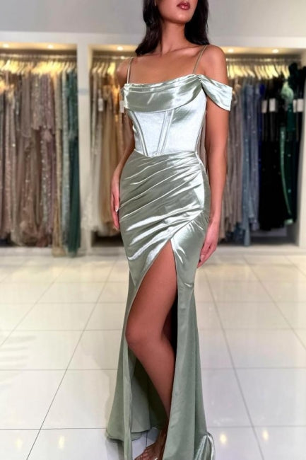 Classic Long Mermaid Gorgeous Spaghetti Straps Off-The-Shoulder Satin Prom Dress With Slit Main image