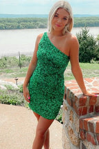Classic One Shoulder Sleeveless Sequins Tight Party Homecoming Dresses