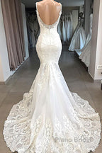 Classic Spaghetti Strap V neck White Sleeveless Mermaid Open Back Wedding Dress with Chapel Train