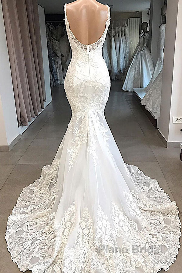 Classic Spaghetti Strap V neck White Sleeveless Mermaid Open Back Wedding Dress with Chapel Train