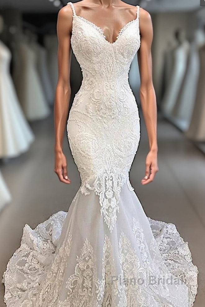 Classic Spaghetti Strap V neck White Sleeveless Mermaid Open Back Wedding Dress with Chapel Train Main image