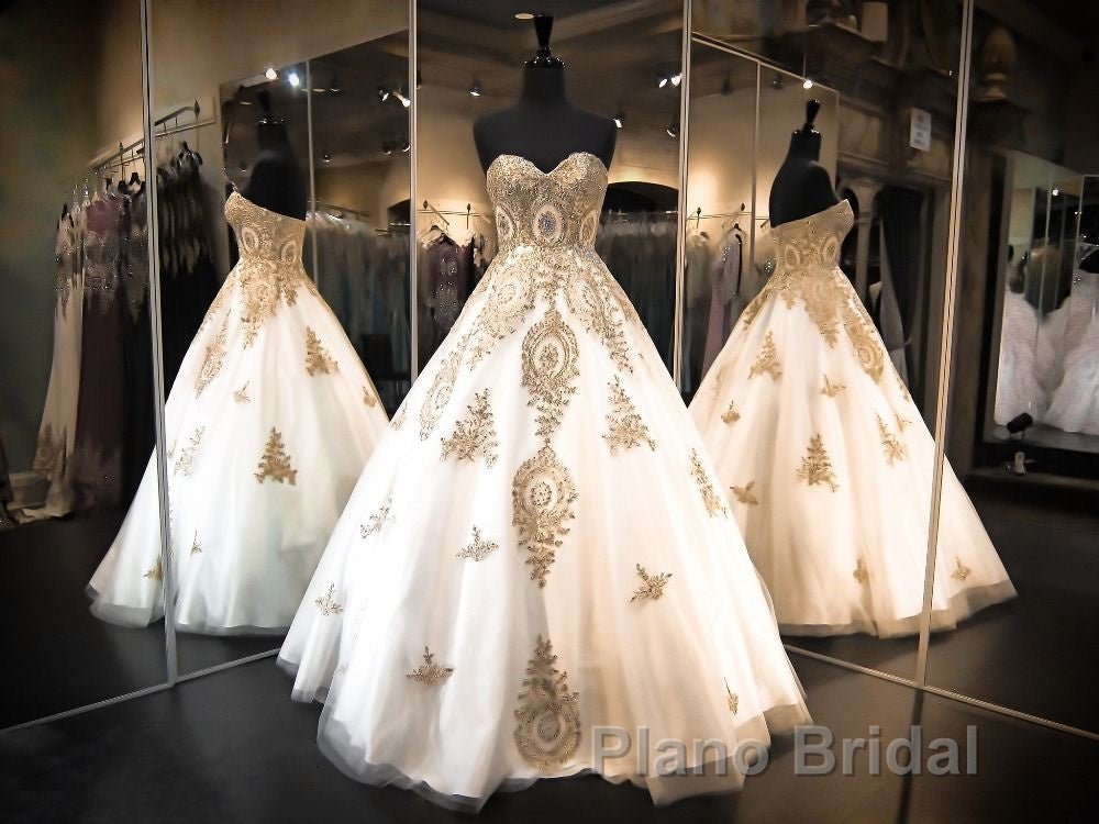 Classic Sweetheart Gold Lace Wedding Dresses Sparkly Ball Gown Bridal Dress Secondary image