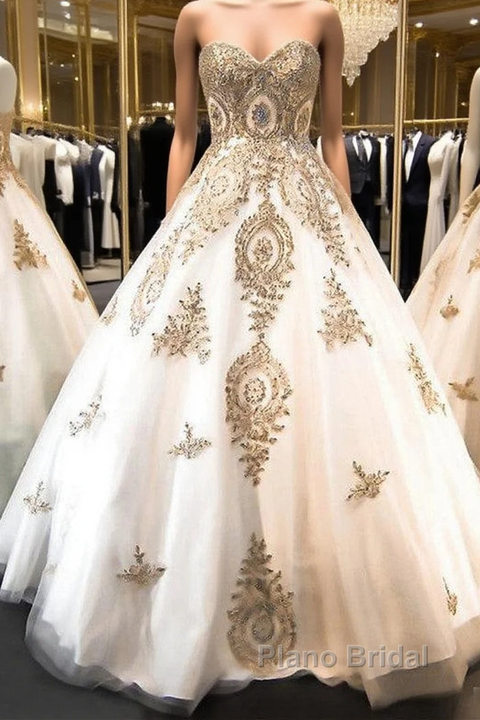 Classic Sweetheart Gold Lace Wedding Dresses Sparkly Ball Gown Bridal Dress
