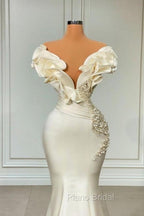 Classic White Long Pearl Ruffle Formal Prom Dresses