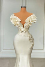Classic White Long Pearl Ruffle Prom Dresses