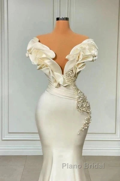 Classic White Mermaid V-Neck Satin Pearl Ruffle Long Formal Prom Dresses Elegant Evening Dresses Secondary image