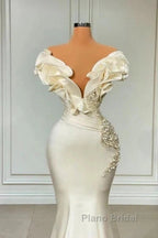 Classic White Mermaid V-Neck Satin Pearl Ruffle Long Formal Prom Dresses Elegant Evening Dresses