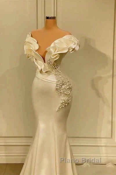 Classic White Mermaid V-Neck Satin Pearl Ruffle Long Formal Prom Dresses Elegant Evening Dresses