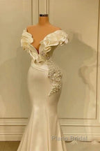 Classic White Mermaid V-Neck Satin Pearl Ruffle Long Formal Prom Dresses Elegant Evening Dresses