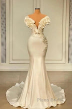 Classic White Mermaid V-Neck Satin Pearl Ruffle Long Formal Prom Dresses Elegant Evening Dresses