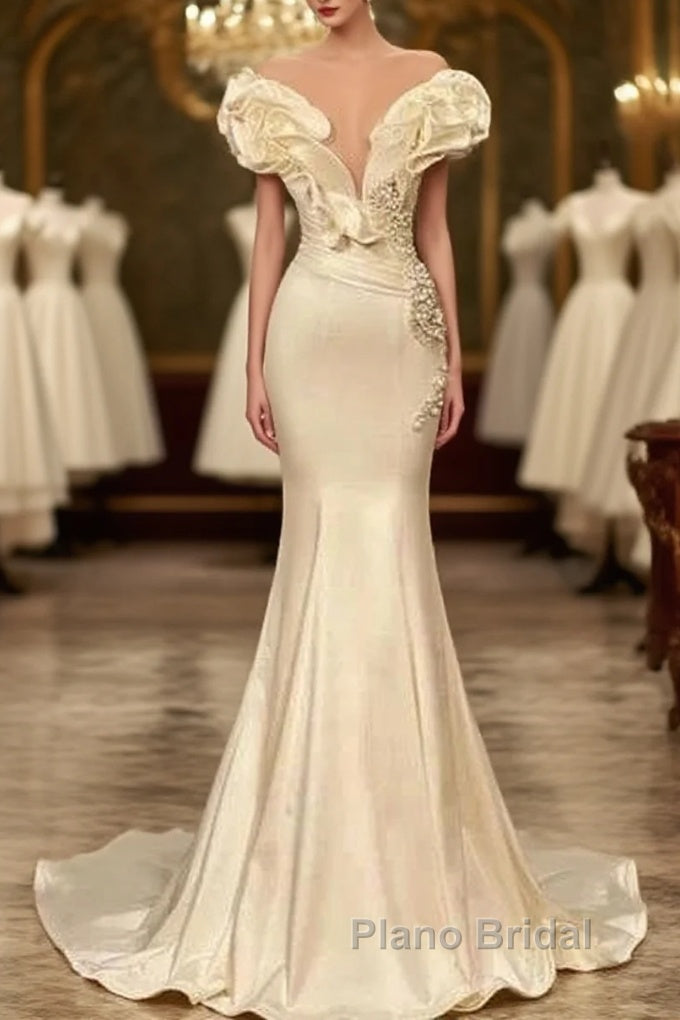 Classic White Mermaid V-Neck Satin Pearl Ruffle Long Formal Prom Dresses Elegant Evening Dresses