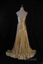 Classy A Line Halter Gold Satin Beads Long Formal Dresses Formal Prom Dresses