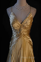 Classy A Line Halter Gold Satin Beads Long Formal Dresses Formal Prom Dresses