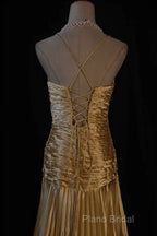 Classy A Line Halter Gold Satin Beads Long Formal Dresses Formal Prom Dresses