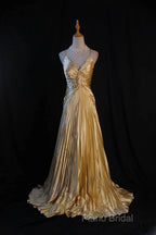 Classy A Line Halter Gold Satin Beads Long Formal Dresses Formal Prom Dresses