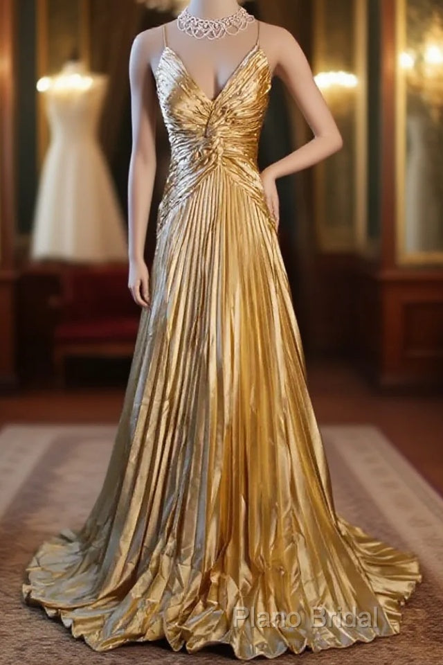 Classy A Line Halter Gold Satin Beads Long Formal Dresses Formal Prom Dresses Main image