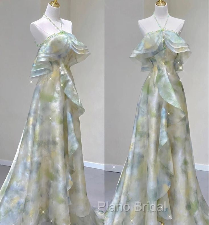 Classy A Line Off The Shoulder Halter Green Floral Long Party Dresses Formal Prom Dresses Secondary image