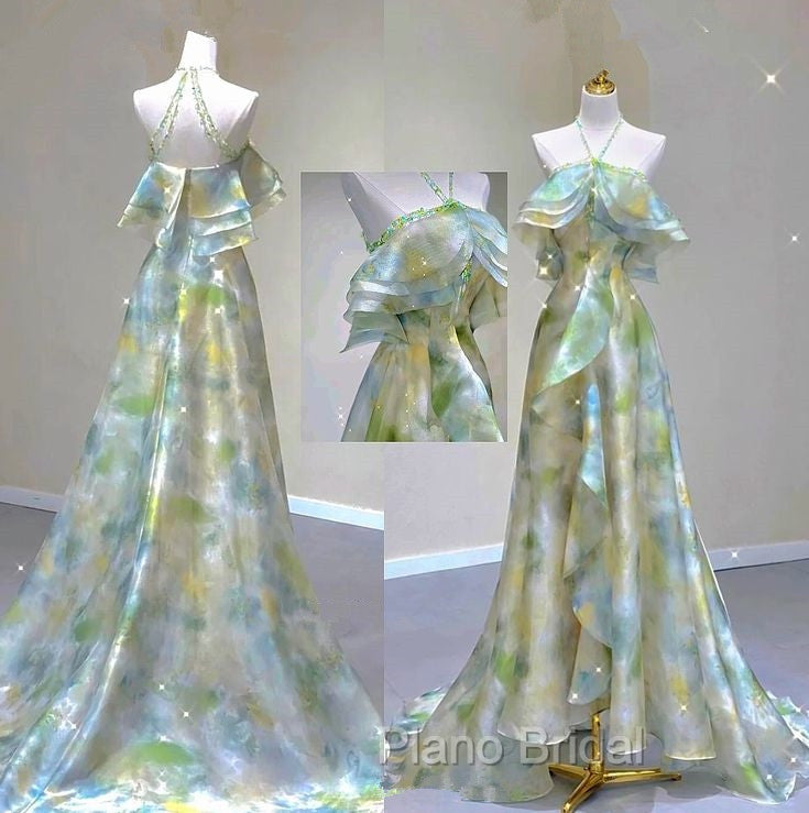 Classy A Line Off The Shoulder Halter Green Floral Long Party Dresses Formal Prom Dresses