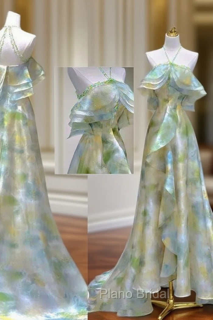 Classy A Line Off The Shoulder Halter Green Floral Long Party Dresses Formal Prom Dresses Main image