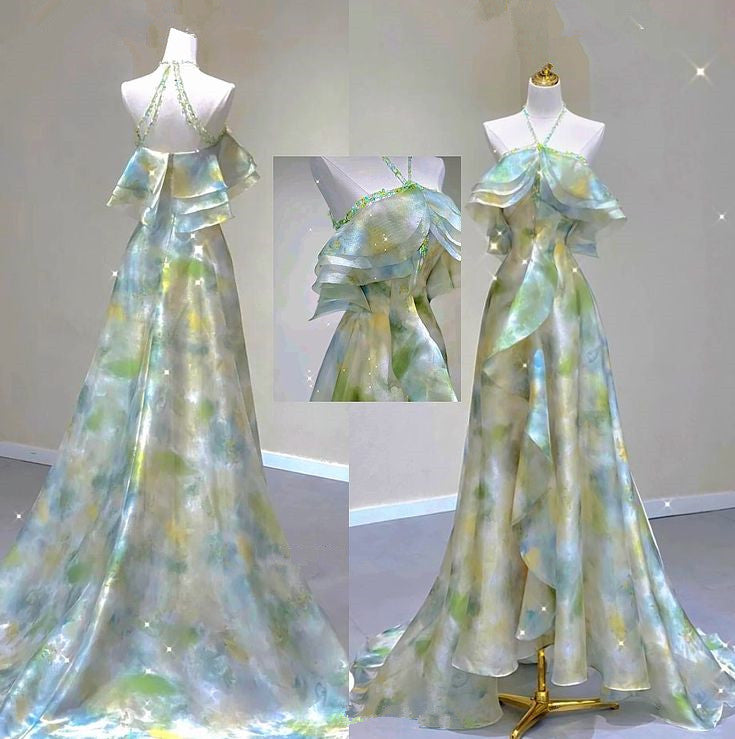Classy A Line Off The Shoulder Halter Green Floral Long Party Dresses Formal Prom Dresses Main image