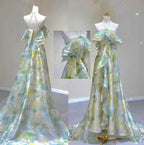 Classy A Line Off The Shoulder Halter Green Floral Long Party Dresses Formal Prom Dresses