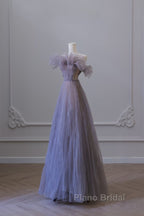 Classy A Line Off The Shoulder Lilac Tulle Long Evening Dresses Formal Prom Dresses